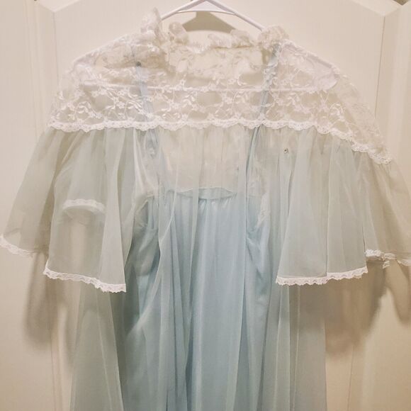 NWOT Vtg Val Mode 2 Pc Peignoir Set Sz XS Blue White Lace Trim 60’s Sheer Robe - Picture 11 of 13